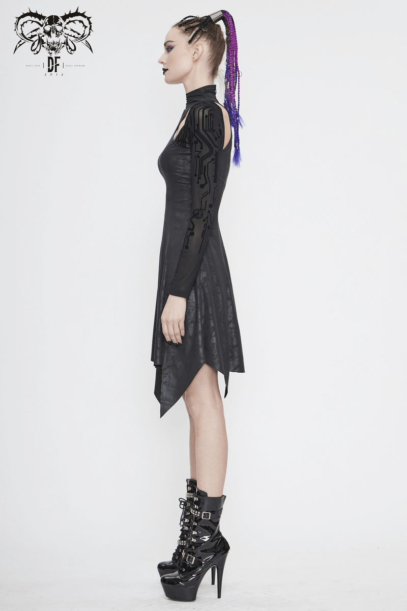 Fashion Irregular Hem Velvet Dress / Mesh Sleeves Dress in Cyberpunk Style - HARD'N'HEAVY