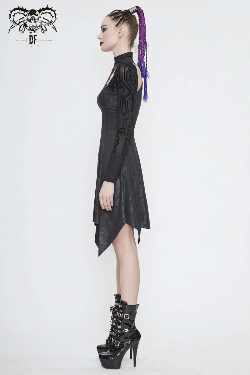Side view of a model in a black asymmetrical velvet dress with mesh sleeves, showcasing gothic cyberpunk style.