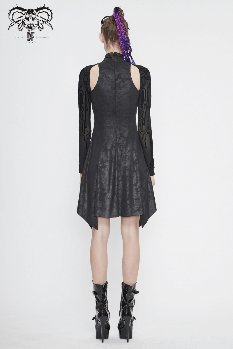 Back view of a women's black asymmetrical velvet dress with mesh sleeves, featuring a trendy gothic cyberpunk design.