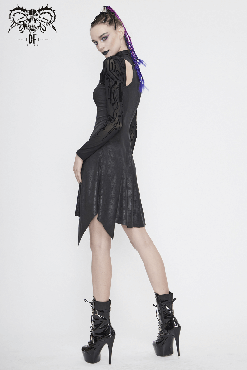 Stylish woman in black asymmetrical velvet dress with mesh sleeves, showcasing gothic cyberpunk style. Perfect for edgy fashion.