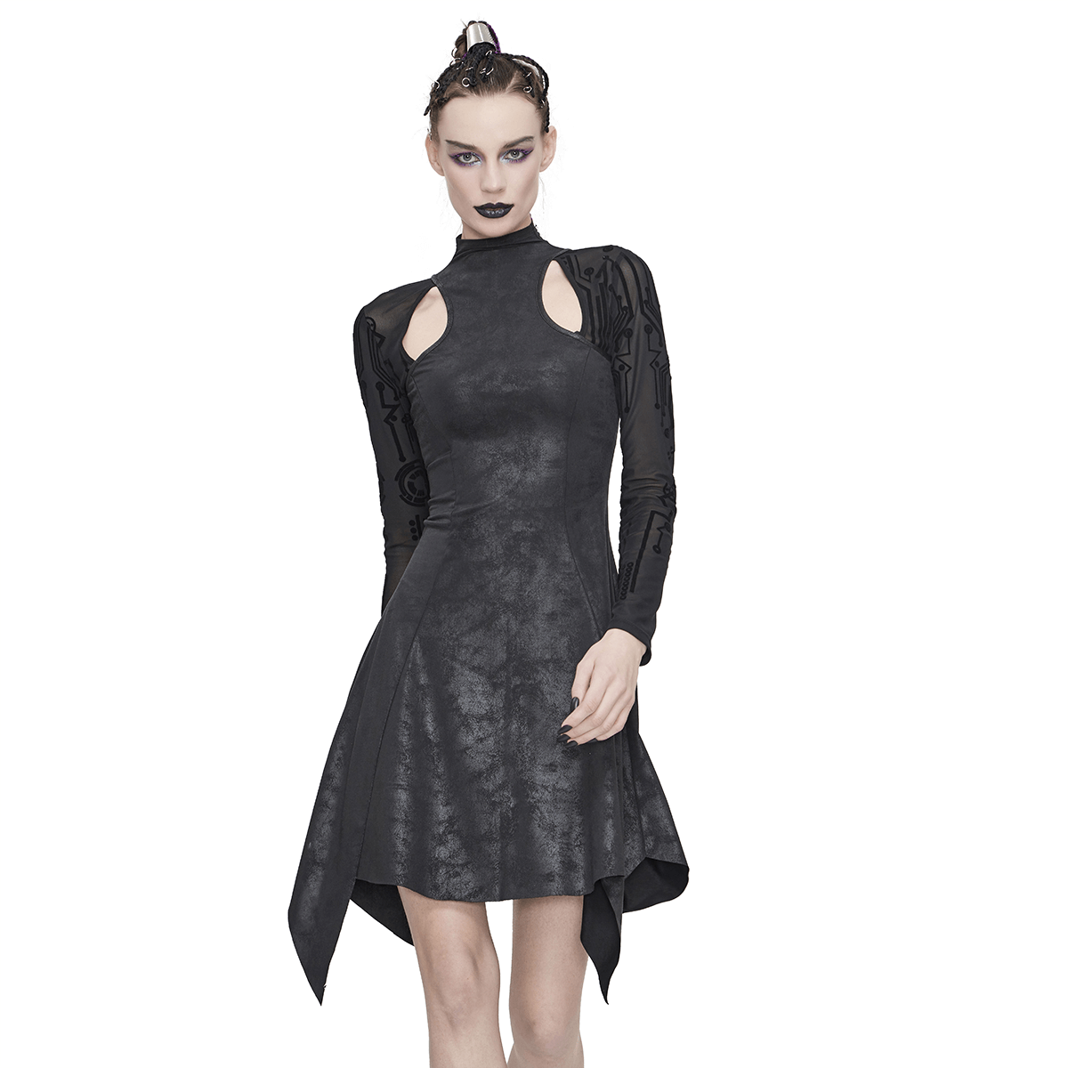 Stylish women's black asymmetrical velvet dress with mesh sleeves in a trendy gothic cyberpunk style.