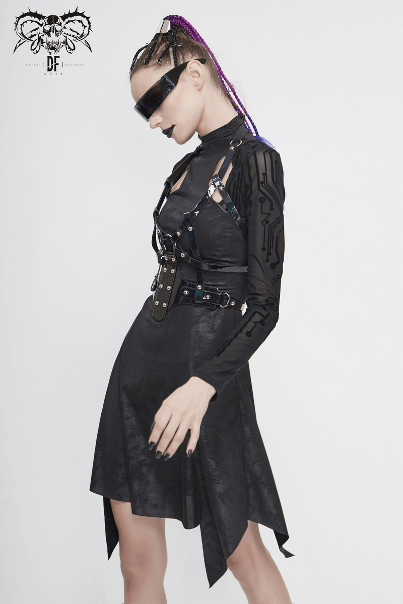 Women's black asymmetrical velvet dress with mesh sleeves in cyberpunk style, featuring a edgy and trendy gothic design.