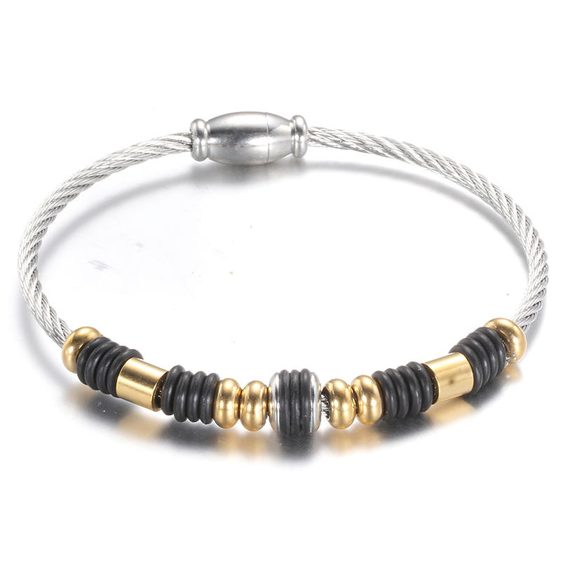 Trendy stainless steel ladies bracelet with gold and black charms, perfect for elevating your jewelry collection.