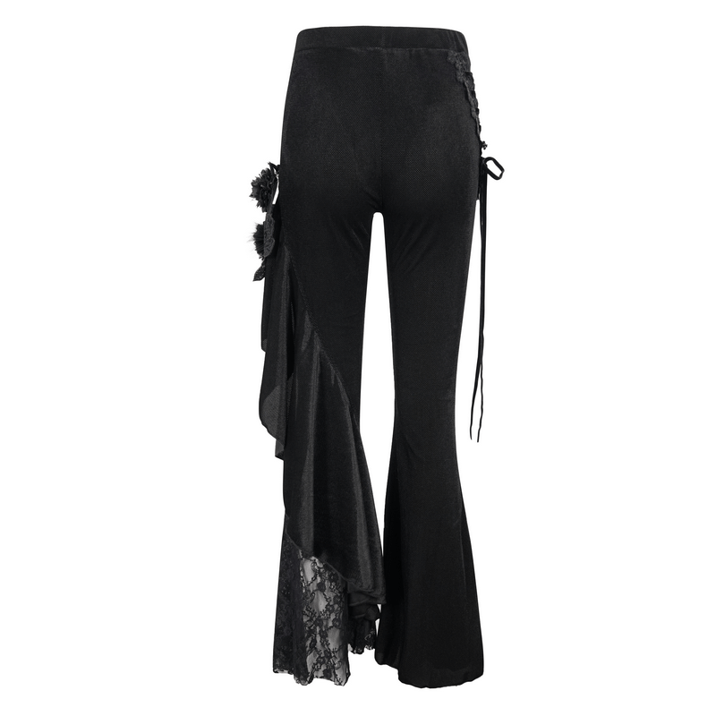Fashion Lace Flower Flared Trousers For Women / Gothic Velvet Pants with Lace-up Accents on Side