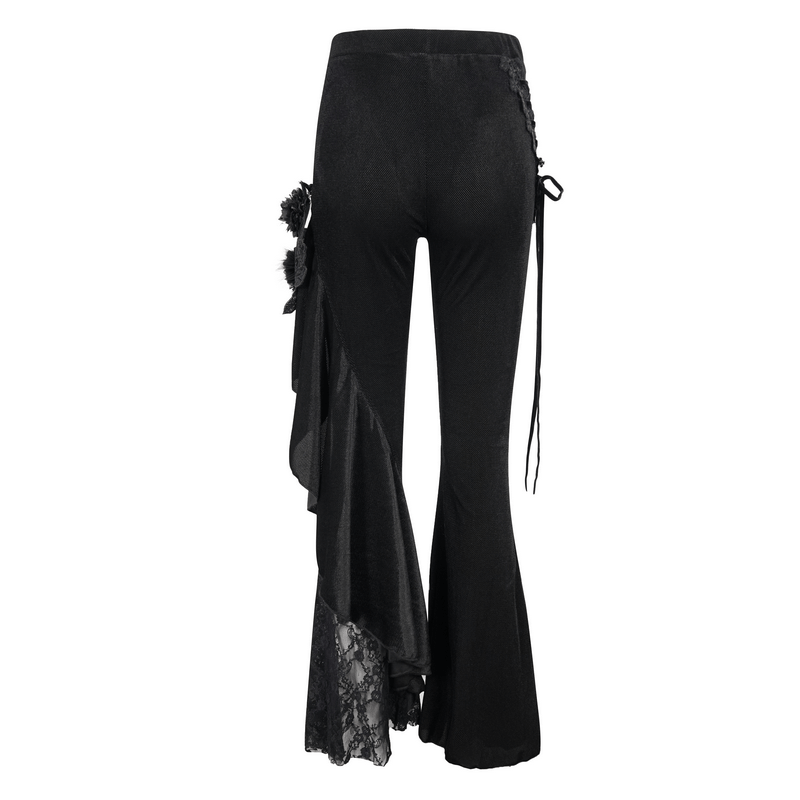 Back view of women's gothic velvet lace flare trousers with lace-up accents and ruffle details.