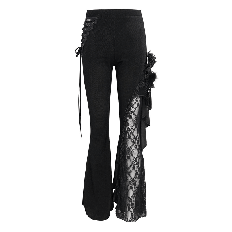 Gothic velvet flare trousers for women with lace accents and side lace-up details, perfect for a fashionable gothic outfit.