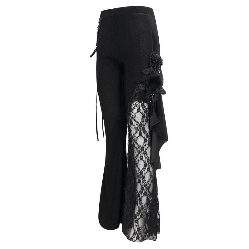 Gothic velvet flare trousers for women featuring lace-up accents and side lace detail.