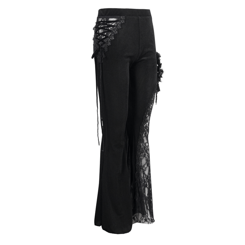 Stylish women's gothic velvet flared trousers featuring lace-up side accents and floral lace details.