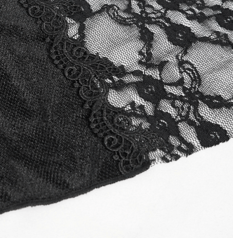 Close-up of black lace fabric with intricate floral patterns, perfect for gothic style clothing and accents.