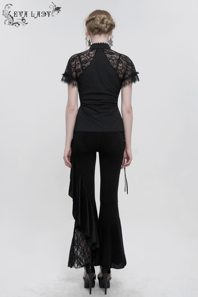 Model showcasing gothic lace-up flared velvet trousers with lace accents, perfect for a chic wardrobe.