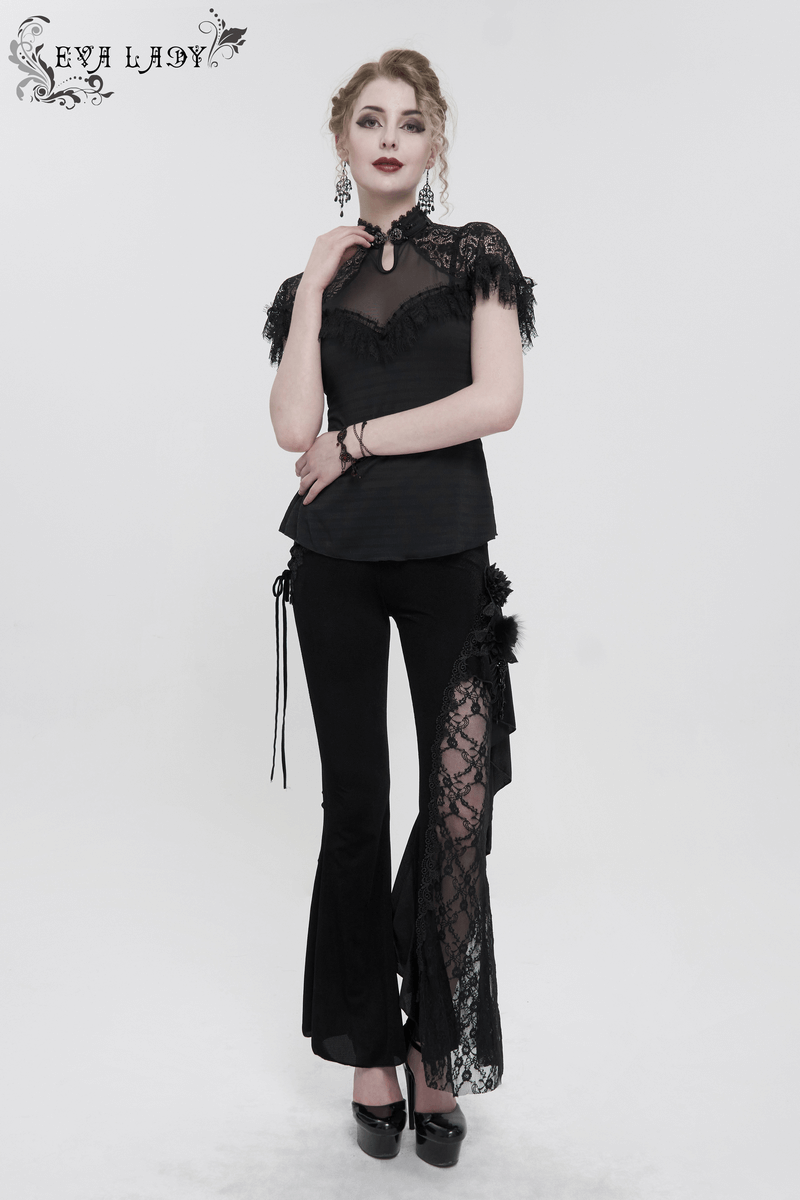 Fashion Lace Flower Flared Trousers For Women / Gothic Velvet Pants with Lace-up Accents on Side