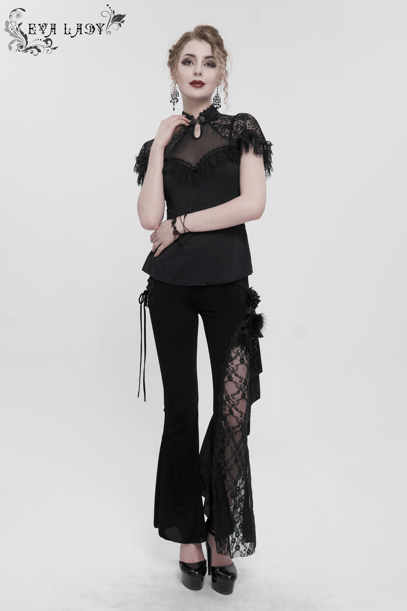 Model showcasing gothic velvet flare trousers with lace accents and chic top, exuding a fashionable and elegant vibe.