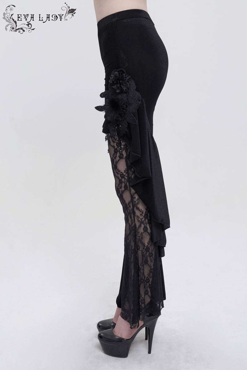 Gothic velvet flare trousers for women featuring elegant lace accents and ruffle details in a stylish side view.