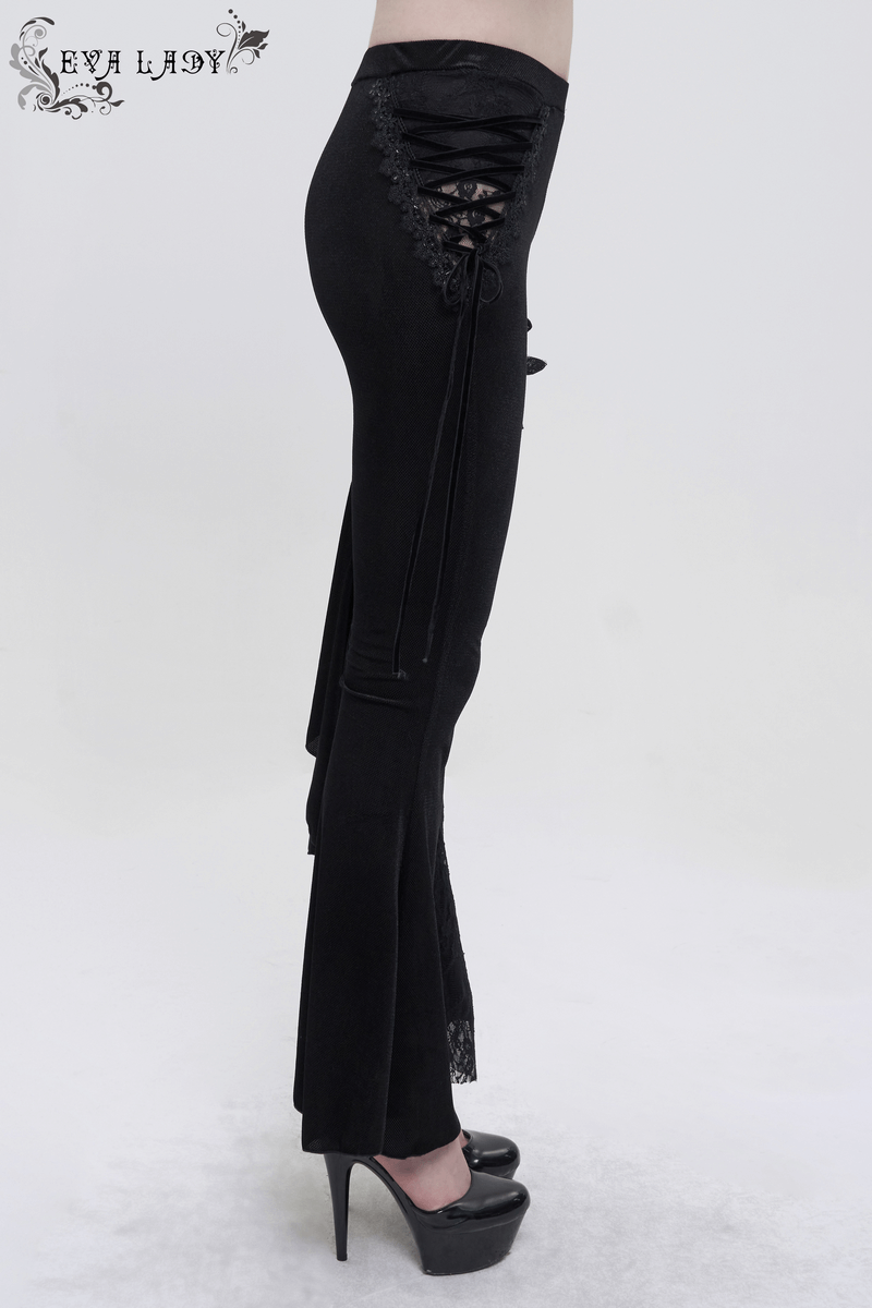 Side view of women's gothic velvet flare pants with lace-up accents for a stylish and edgy look.