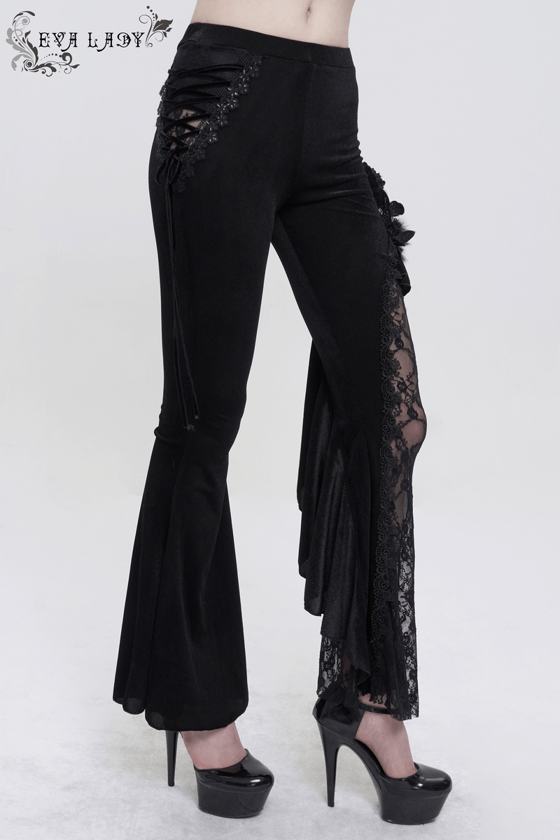 Gothic velvet lace flared trousers for women with side lace-up accents and stylish design.
