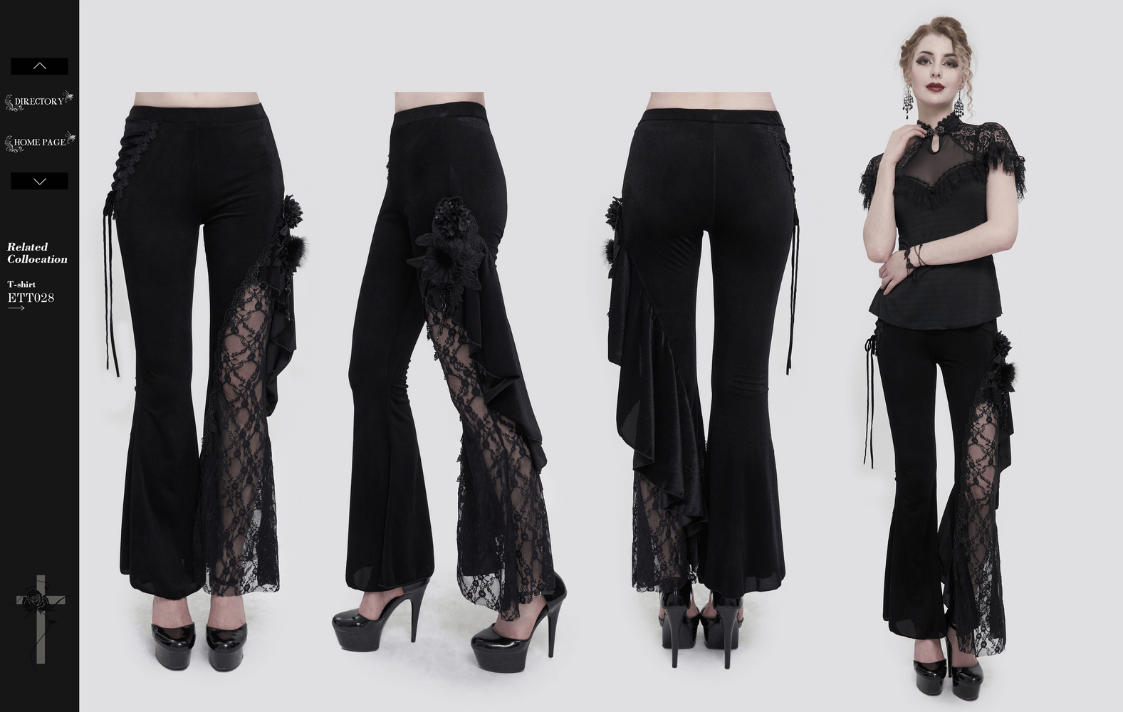 Gothic velvet lace flared trousers for women, showcasing lace-up side accents, perfect for a stylish gothic wardrobe.