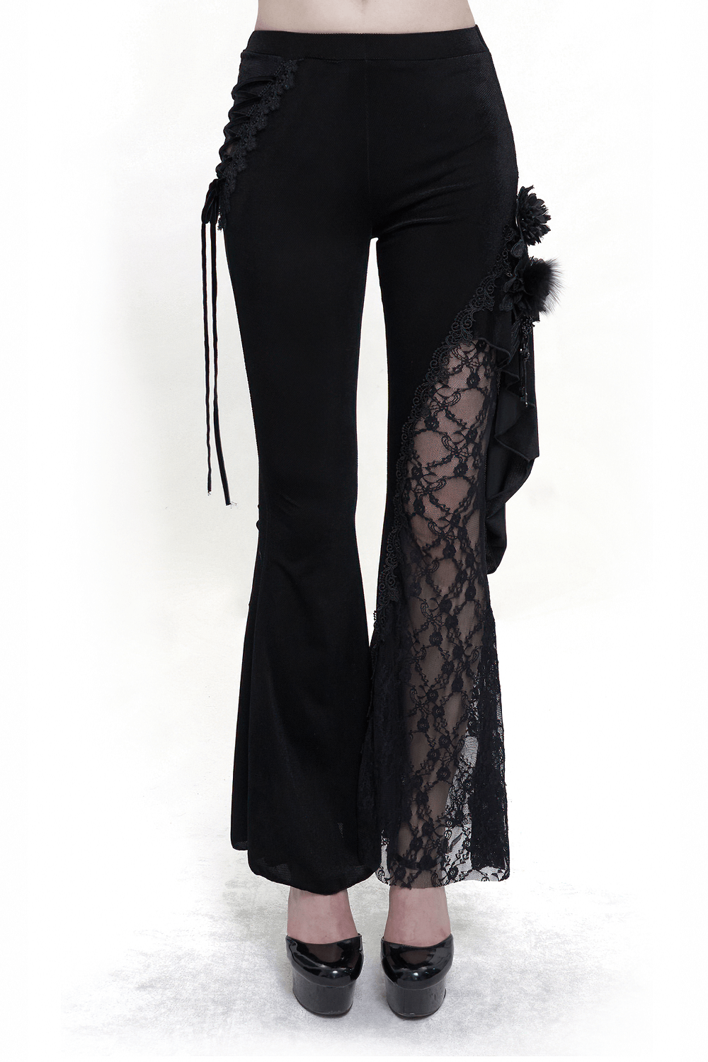 Gothic velvet flared trousers for women with lace accents and stylish side details, perfect for a unique fashion statement.