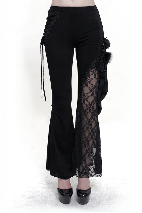 Pantalones acampanados de flores de encaje de moda para mujer/pantalones de terciopelo gótico con detalles de cordones en el costado