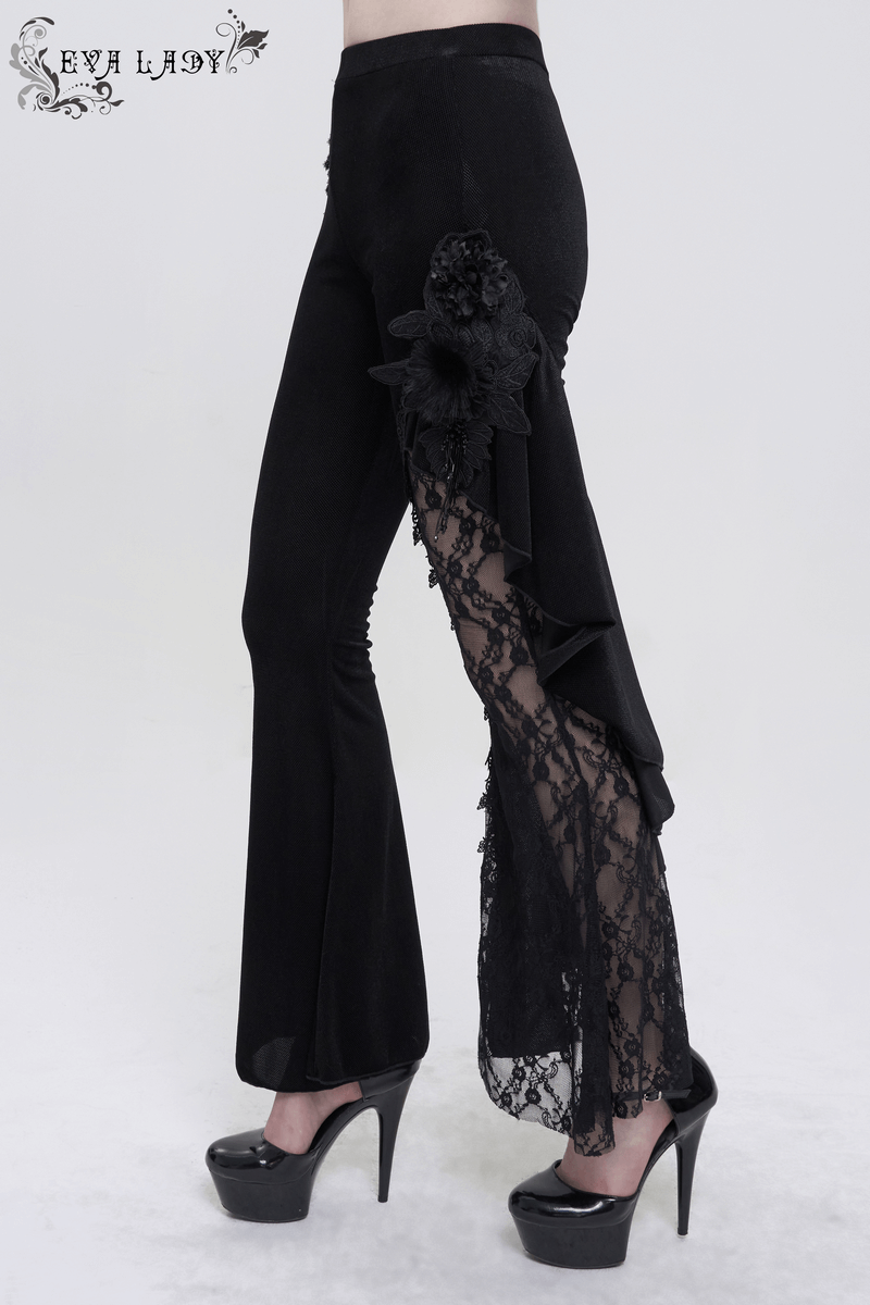 Gothic velvet flared trousers for women with lace-up accents and floral detailing on the side.