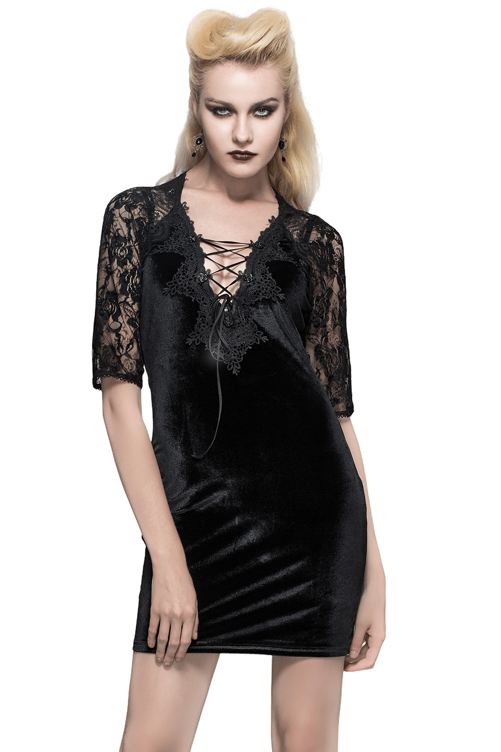 Gothic women's black mini dress with lace short sleeves and a fitted cut, perfect for a stylish alternative look.