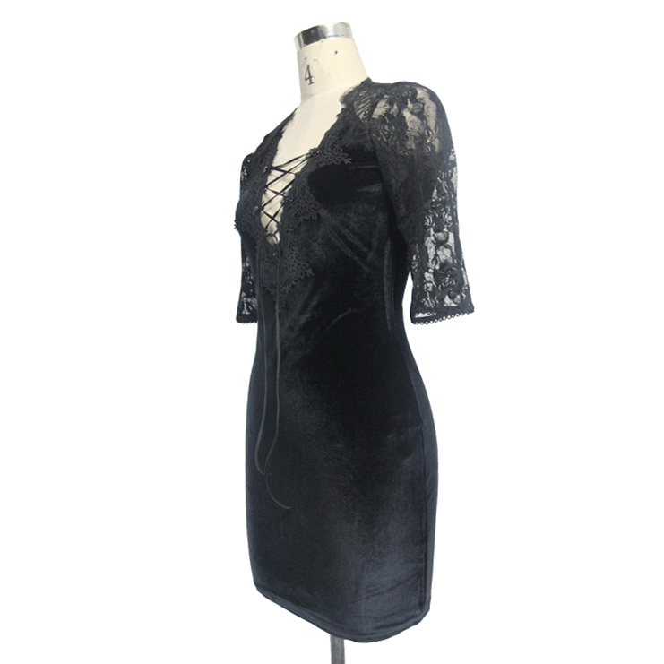 Elegant black mini dress with lace short sleeves and fitted cut, perfect for gothic style enthusiasts.
