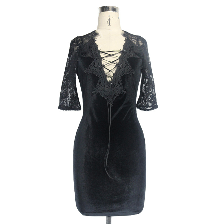 Elegant black gothic mini dress with lace sleeves and fitted cut, perfect for a chic alternative women's fashion look.