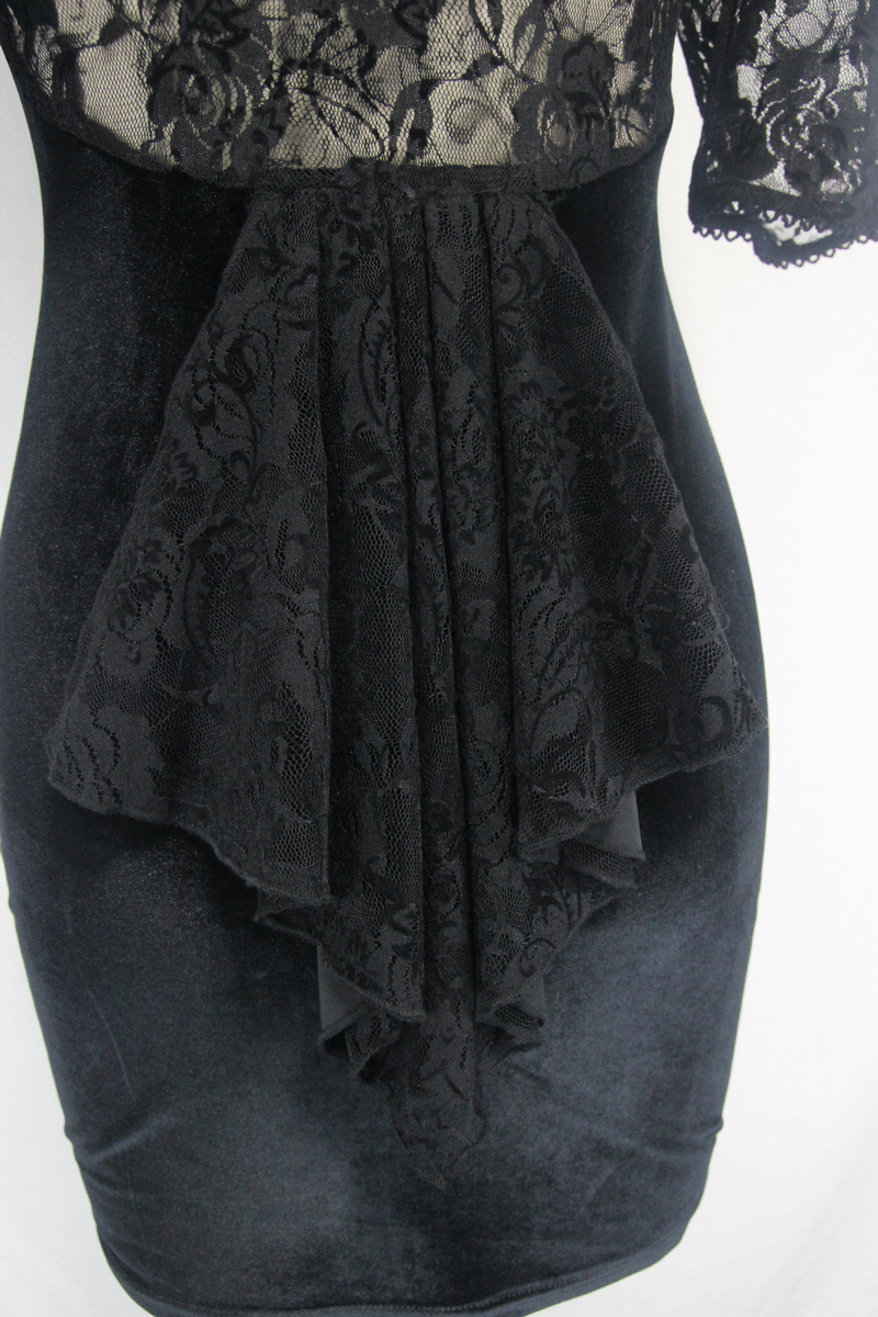 Elegant black mini dress featuring lace detail and flowing back accent, perfect for gothic-inspired fashion.