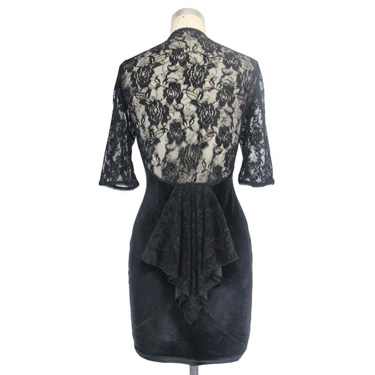 Elegant black lace mini dress with short sleeves and a flowing back design, perfect for gothic fashion lovers.