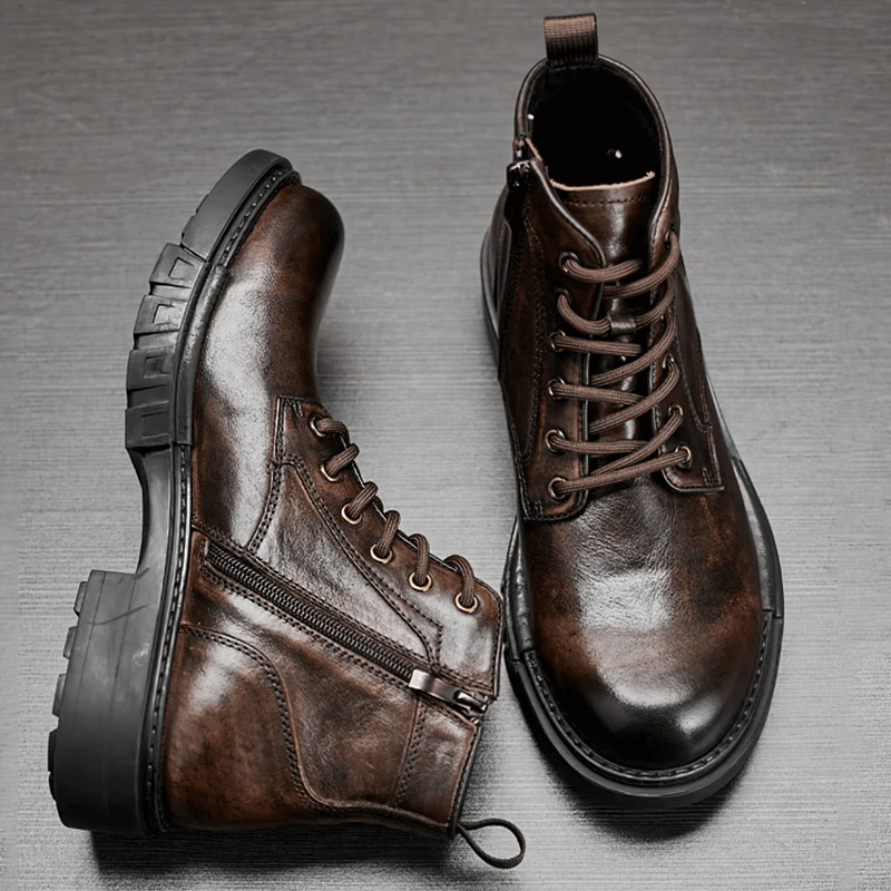 Fashion Lace-Up Platform Motorcycle Boots / Retro Genuine Leather Trendy Work Boots