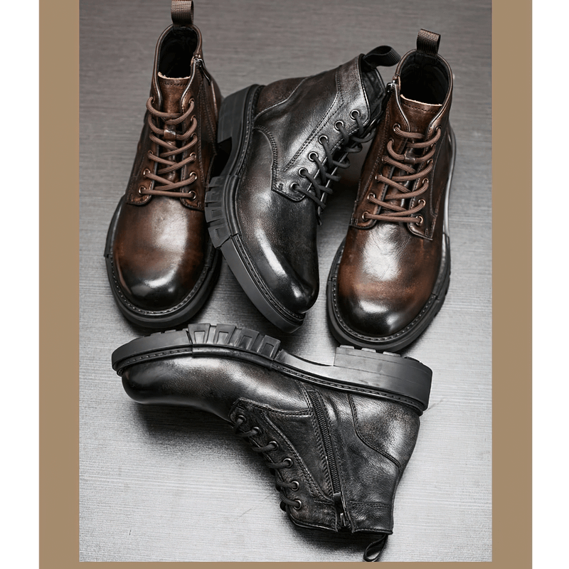 Fashion Lace-Up Platform Motorcycle Boots / Retro Genuine Leather Trendy Work Boots
