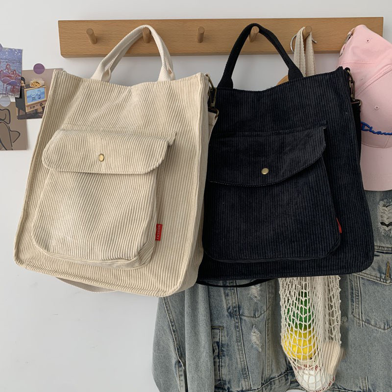 Fashion ladies corduroy handbags in beige and black, perfect for casual outings or study, showcasing luxury design and versatility.