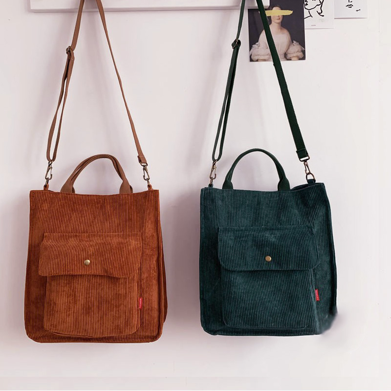 Two fashionable ladies corduroy handbags in brown and dark green, perfect for casual outings and stylish looks.