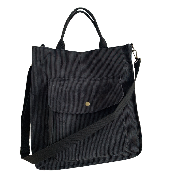Fashion ladies corduroy handbag in black, perfect for casual outings, featuring a stylish design and spacious pockets.