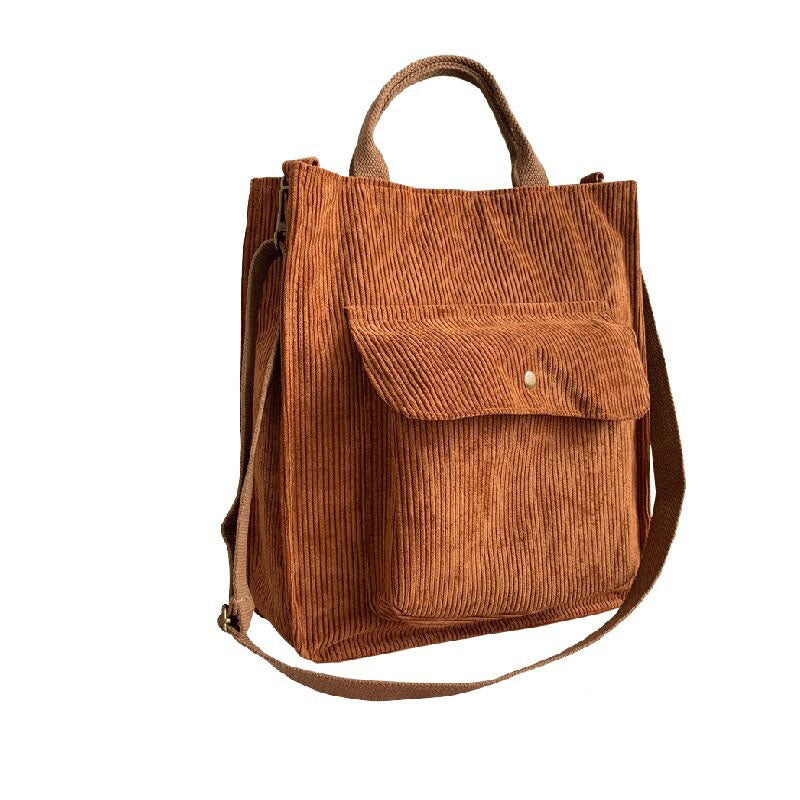 Fashion ladies corduroy handbag in brown, perfect casual tote for stylish outings and studying.