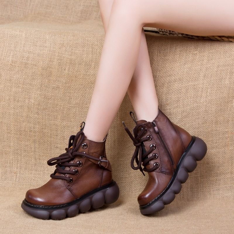 Fashion Ladies Genuine Leather Ankle Boots / Casual Round Toe Shoes on Thick Platforms - HARD'N'HEAVY