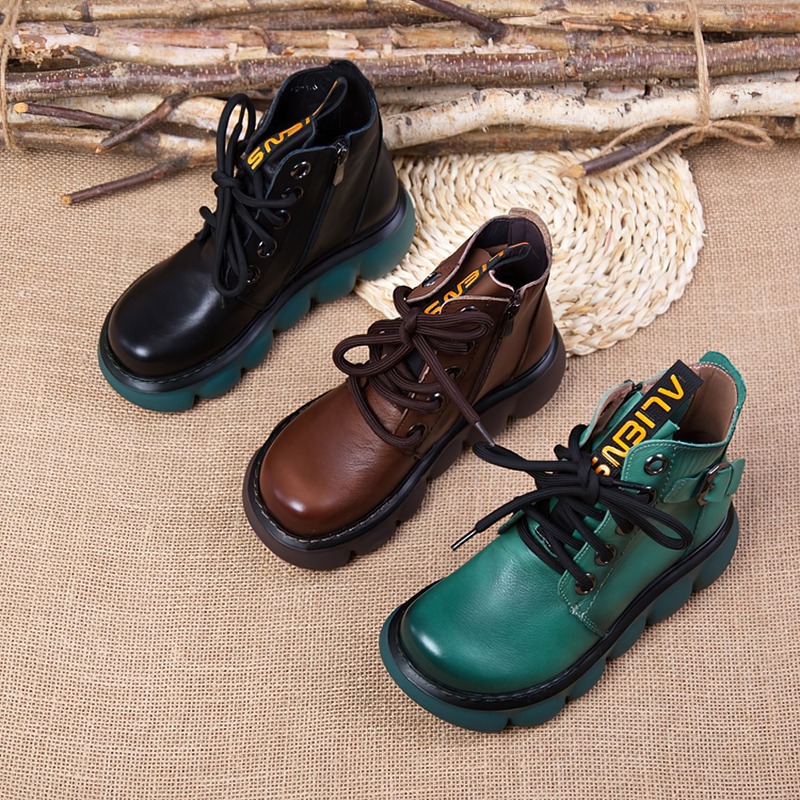 Fashion ladies genuine leather ankle boots in black, brown, and green on thick platforms, perfect for casual outfits.