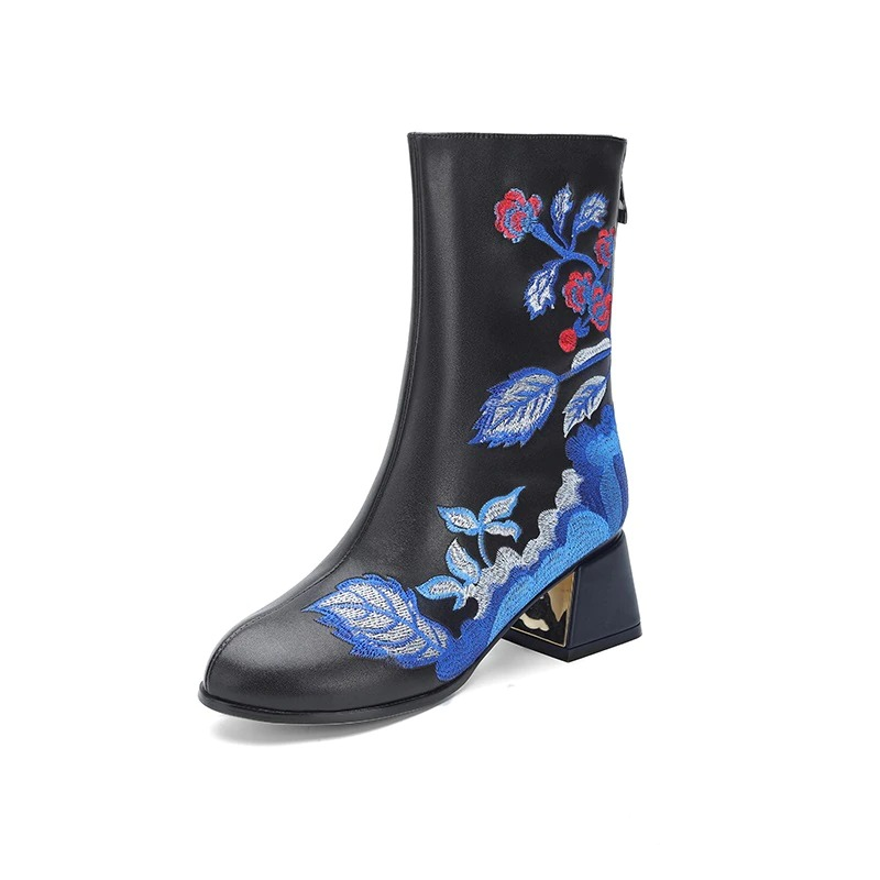 Ladies black leather ankle boots with vibrant blue and red ethnic embroidery and square heels, stylish and comfortable.