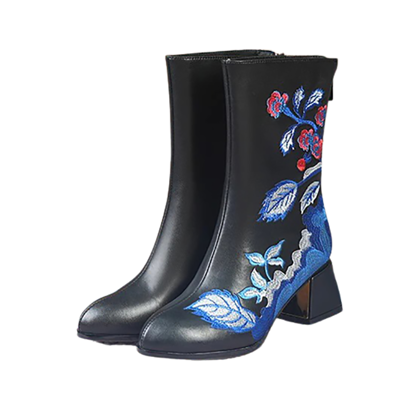 Ladies ethnic style leather ankle boots with vibrant floral embroidery and square heels.