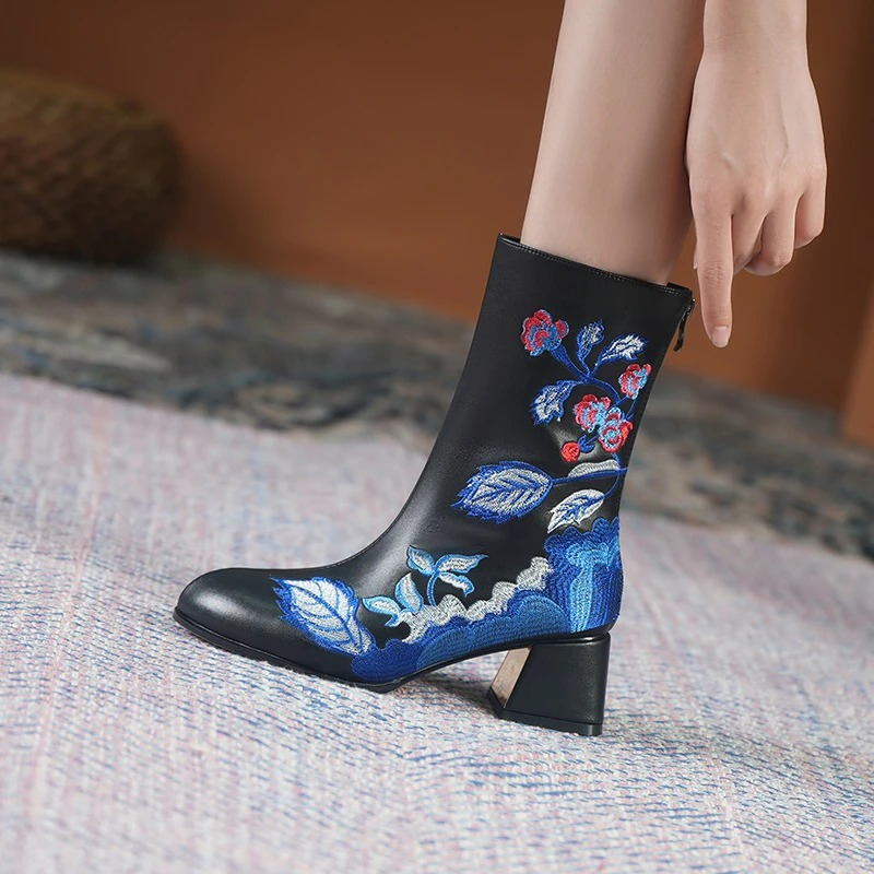 Fashion ladies genuine leather ankle boots with ethnic floral embroidery and casual square heels.
