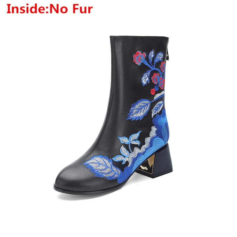 Fashion ladies black genuine leather ankle boots with ethnic embroidery and square heels, perfect for casual wear.