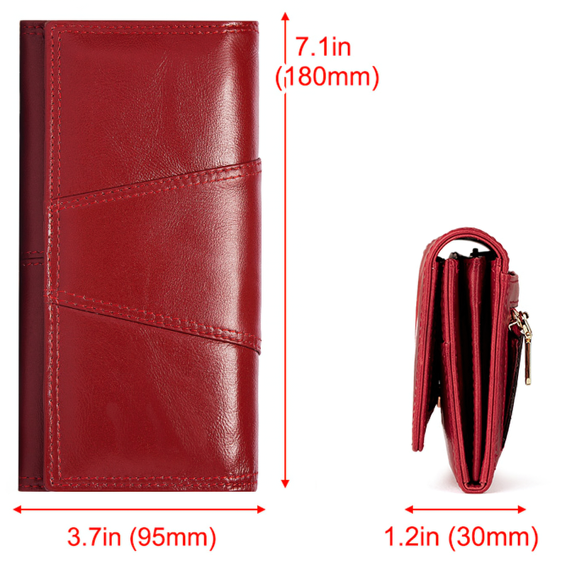 Genuine leather ladies long wallet clutch in red with dimensions: 7.1in x 3.7in x 1.2in, stylish and practical for essentials.