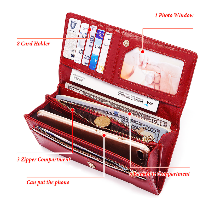 Interior view of a red genuine leather wallet showcasing compartments for cards, cash, and a phone.