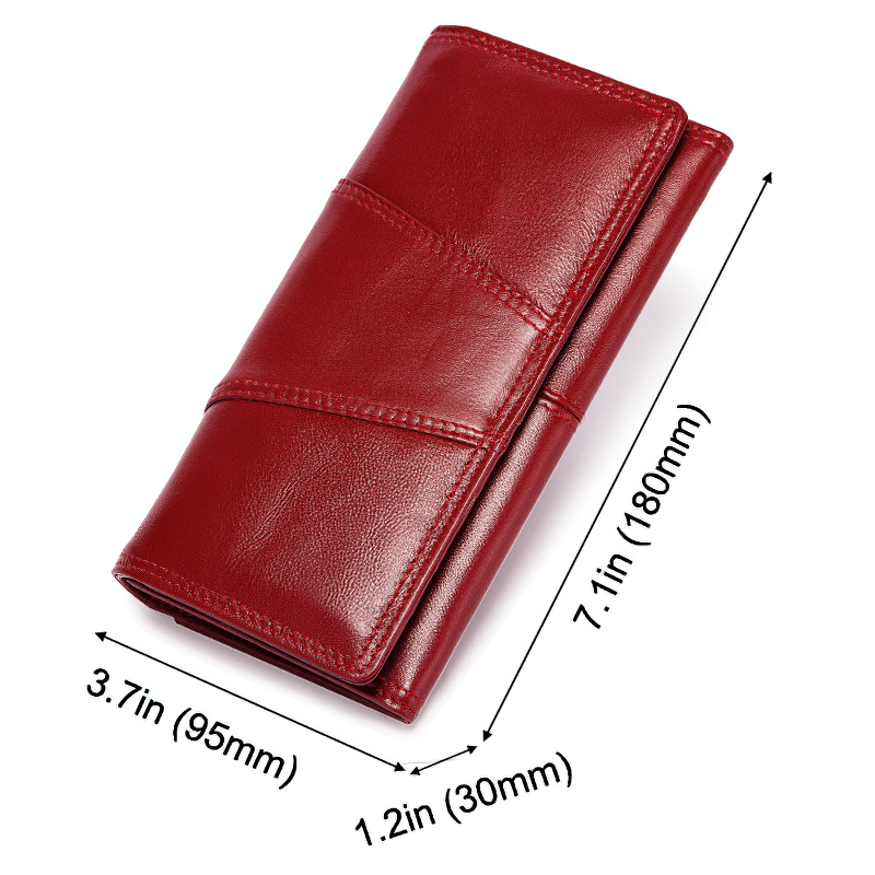 Fashion ladies genuine leather long red wallet clutch with card case, dimensions 7.1x3.7 inches.