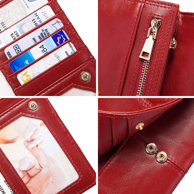 Close-up of a red genuine leather wallet showing card slots, zipper compartment, and photo window, perfect for stylish organization.