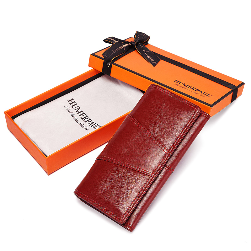 Fashion ladies genuine leather long wallet clutch in a stylish gift box, perfect for keeping essentials organized.
