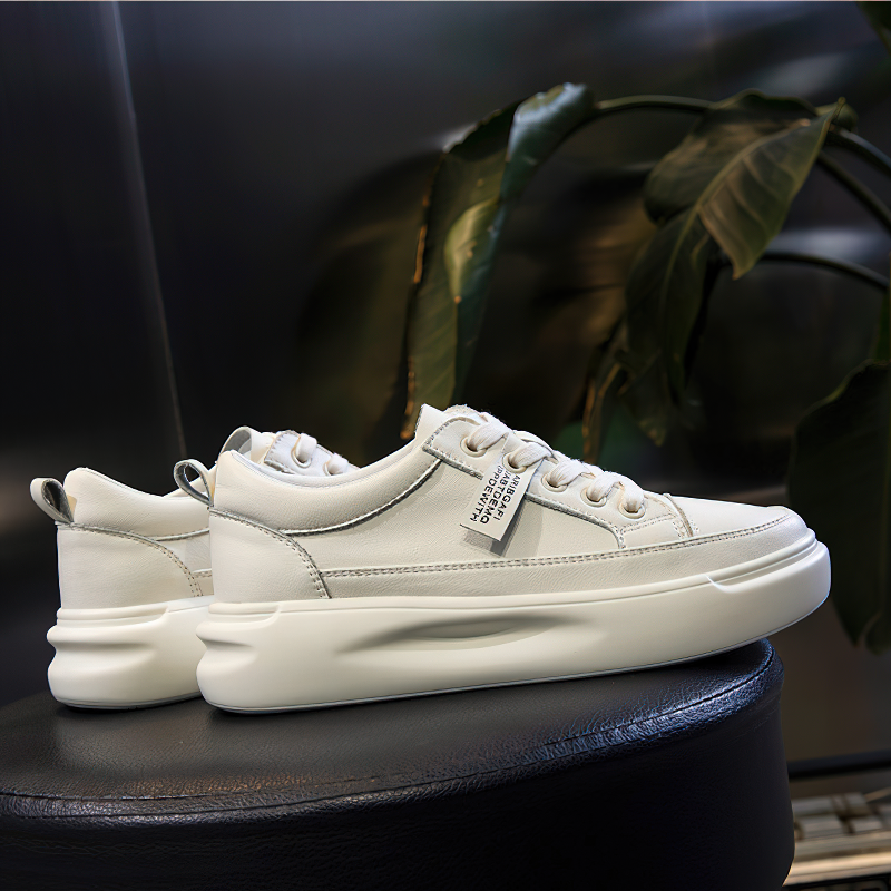 White lace-up genuine leather sneakers with platform, perfect for casual fashion looks.