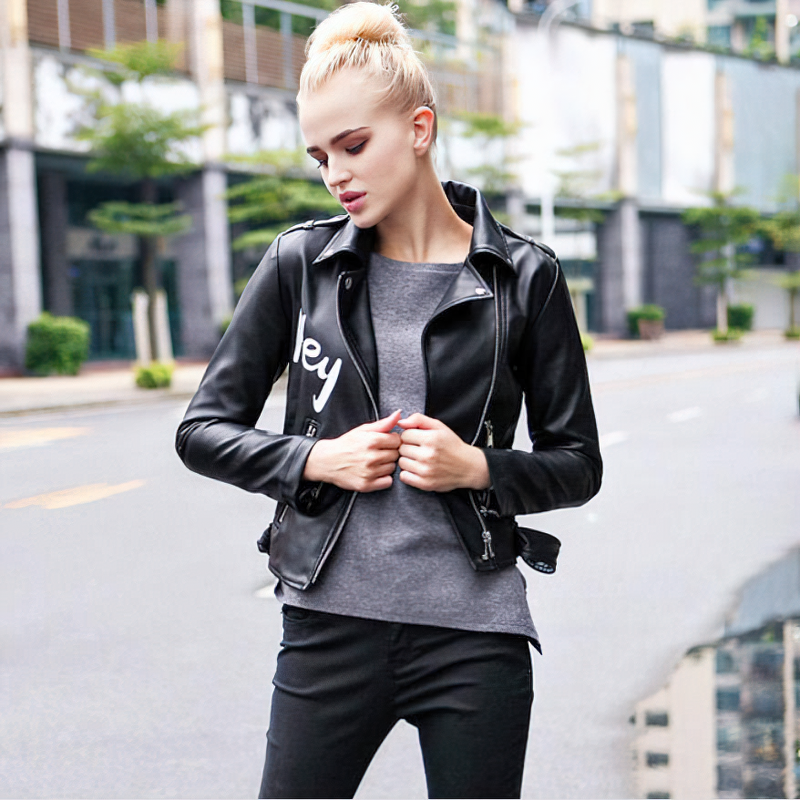 Fashion Ladies Letters Printed Pu Leather Jacket / Biker Style Black Leather Jacket - HARD'N'HEAVY