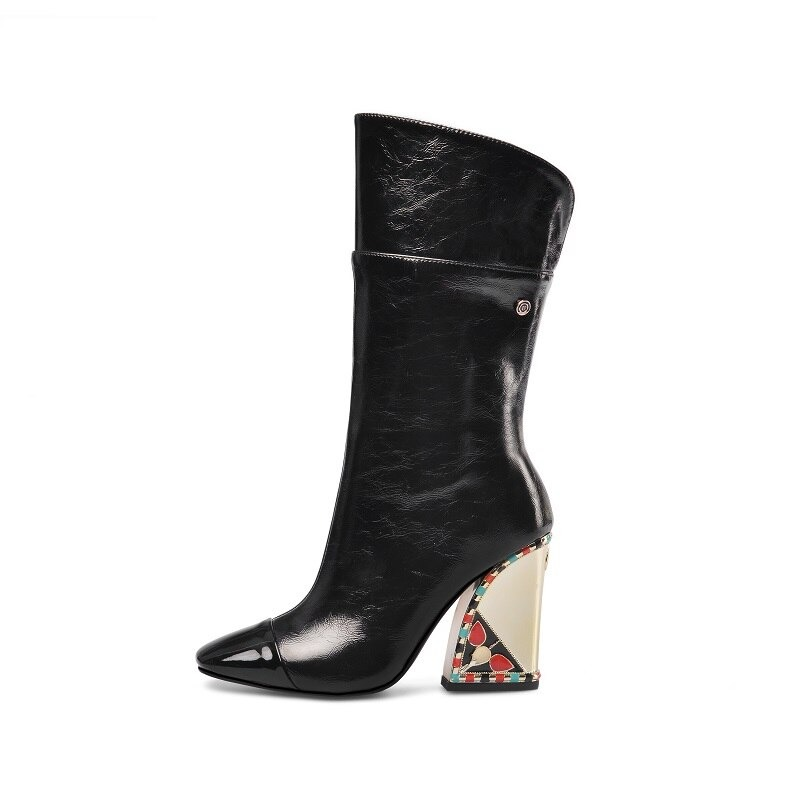 Stylish black mid-calf leather boots with colorful embroidered heel for women's ethnic style fashion.