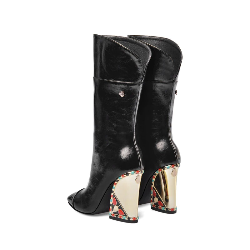 Fashion ladies mid-calf black leather boots with unique embroidered heels for a stylish ethnic touch.