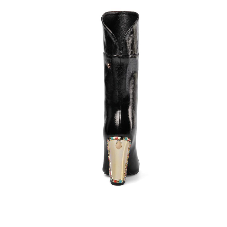 Black leather mid-calf boots with embroidered heel detail, perfect for stylish and comfortable everyday wear.